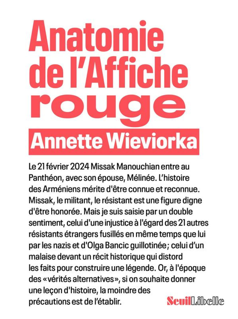 ANATOMIE DE L'AFFICHE ROUGE - WIEVIORKA ANNETTE - SEUIL