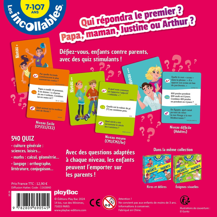 BOITE QUIZ - INCOLLABLES FAMILLE - ENFANTS VS PARENTS - QUIZ ET DEFIS -   - PLAY BAC